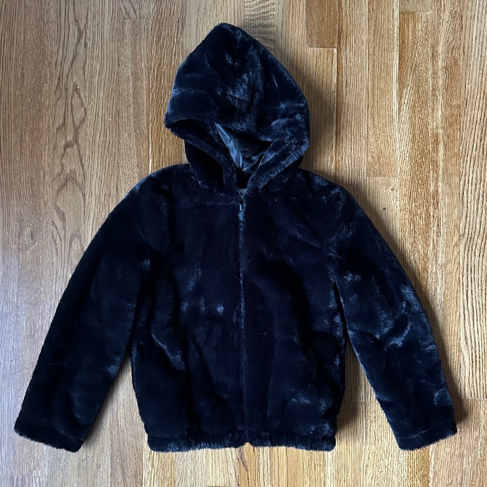 Old Navy Girls Hooded Zip-up Faux Fur Jacket, Black, Size M (8), NWOT